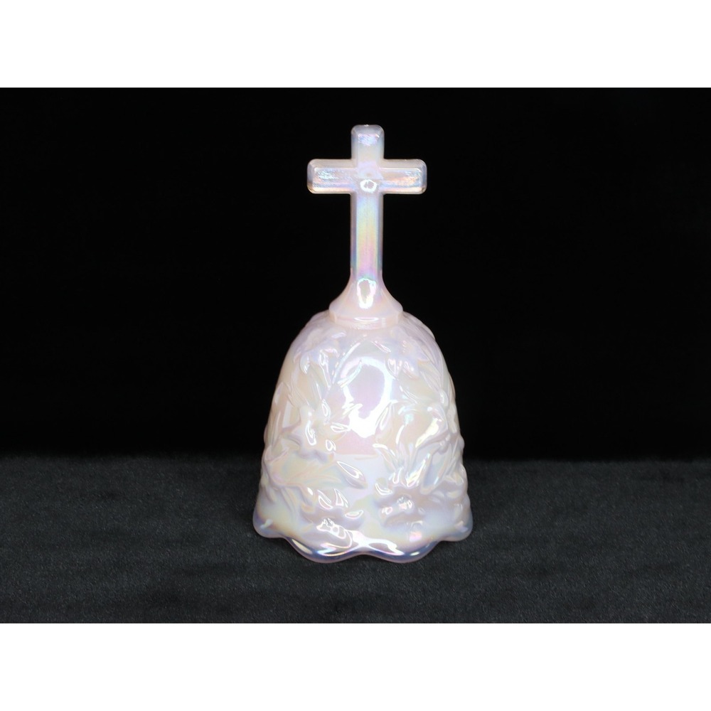 Fenton Glass Pink Opalescent Easter Bell with Cross Handle   Missing Clapper